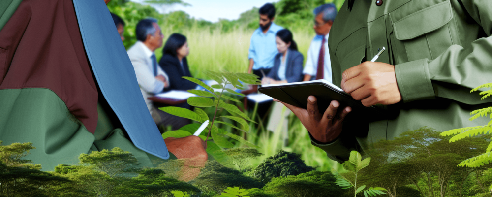 Um agente ambiental utilizando um tablet enquanto observa área verde, discutindo práticas sustentáveis.