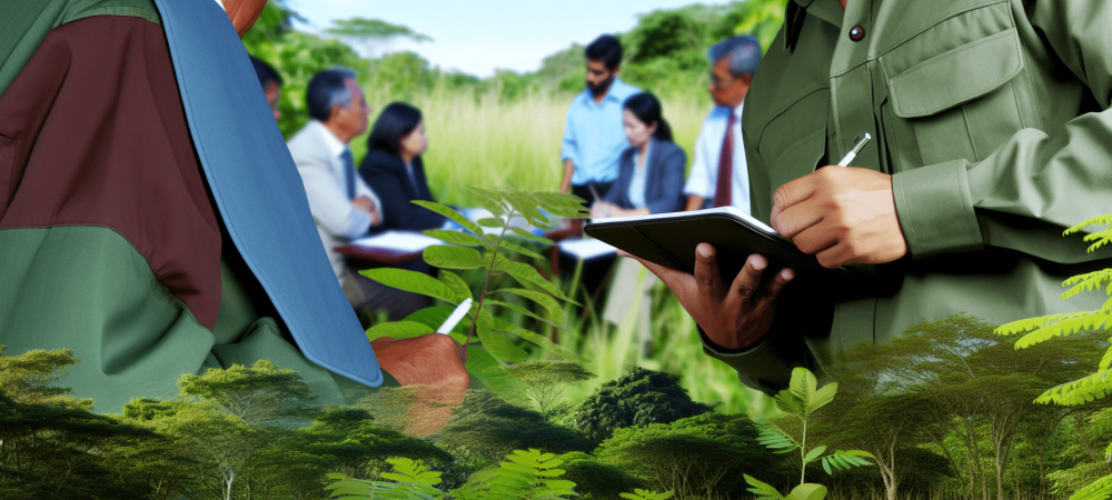 Um agente ambiental utilizando um tablet enquanto observa área verde, discutindo práticas sustentáveis.