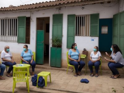 Agentes comunitários de saúde interagindo com moradores em ambiente acolhedor, promovendo saúde da família e atenção primária.