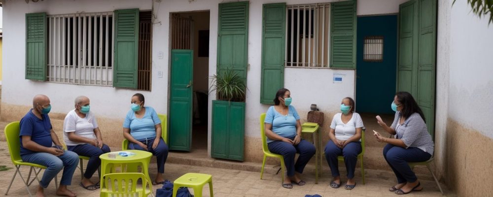 Agentes comunitários de saúde interagindo com moradores em ambiente acolhedor, promovendo saúde da família e atenção primária.