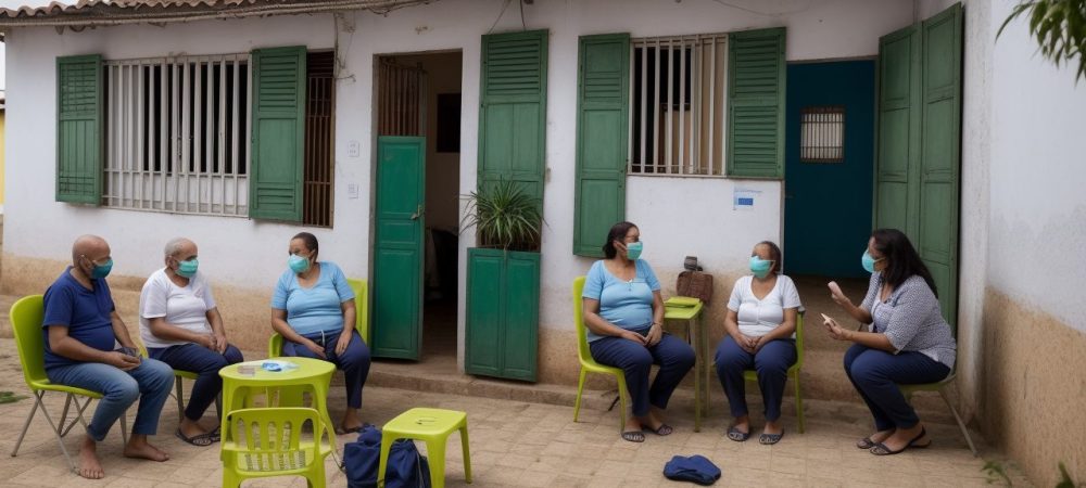 Agentes comunitários de saúde interagindo com moradores em ambiente acolhedor, promovendo saúde da família e atenção primária.
