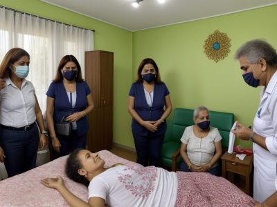 Agentes comunitários de saúde visitando famílias em um ambiente acolhedor, promovendo saúde e bem-estar