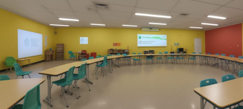 Sala de aula acolhedora com alunos formando um círculo e discutindo sentimentos, enquanto um professor observa com empatia.