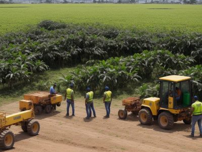 Agricultores em um campo vibrante usando drones e tecnologias para otimizar a produção agrícola, exemplificando a inovação e sustentabilidade no agronegócio.