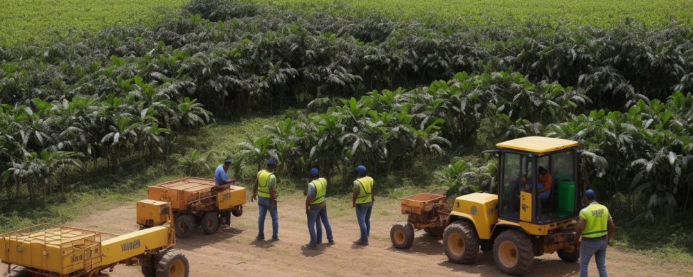 Agricultores em um campo vibrante usando drones e tecnologias para otimizar a produção agrícola, exemplificando a inovação e sustentabilidade no agronegócio.