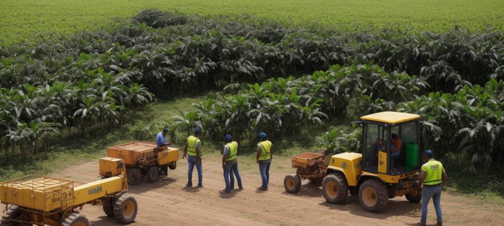 Agricultores em um campo vibrante usando drones e tecnologias para otimizar a produção agrícola, exemplificando a inovação e sustentabilidade no agronegócio.