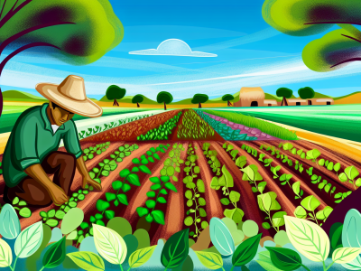 Agricultor em campo diversificado, representando sustentabilidade e práticas agroecológicas harmoniosas