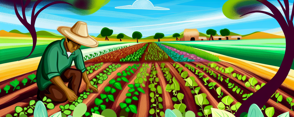 Agricultor em campo diversificado, representando sustentabilidade e práticas agroecológicas harmoniosas