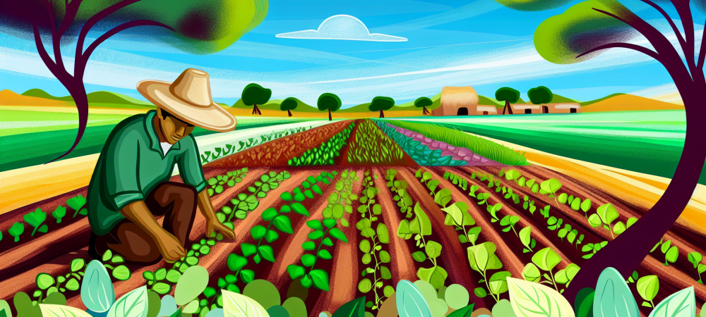 Agricultor em campo diversificado, representando sustentabilidade e práticas agroecológicas harmoniosas