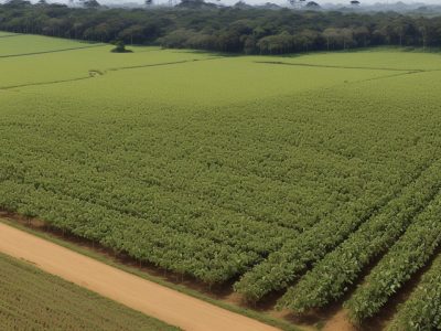 Um vasto campo de agronegócio no Brasil, com agricultores usando tecnologia moderna, como drones sobrevoando plantações verdes e saudáveis ao pôr do sol.
