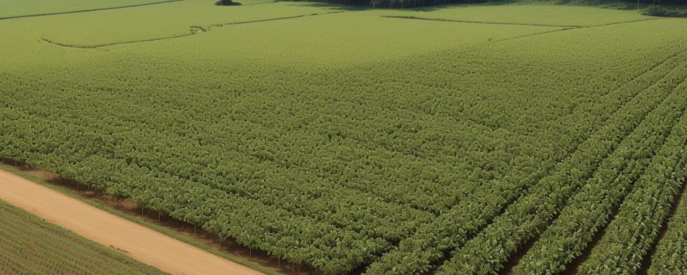 Um vasto campo de agronegócio no Brasil, com agricultores usando tecnologia moderna, como drones sobrevoando plantações verdes e saudáveis ao pôr do sol.