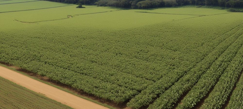 Um vasto campo de agronegócio no Brasil, com agricultores usando tecnologia moderna, como drones sobrevoando plantações verdes e saudáveis ao pôr do sol.