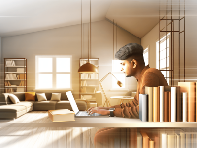 Um aluno concentrado estudando EAD, cercado por livros, em um ambiente acolhedor e iluminado.