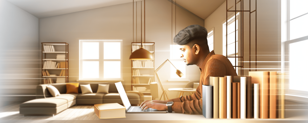 Um aluno concentrado estudando EAD, cercado por livros, em um ambiente acolhedor e iluminado.