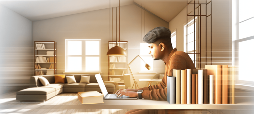 Um aluno concentrado estudando EAD, cercado por livros, em um ambiente acolhedor e iluminado.