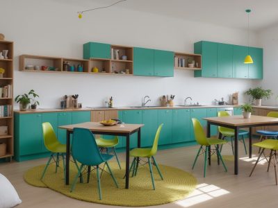 Estudantes em sala de aula moderna interagem com atividades de leitura e escrita, aprendendo sobre neurociência na alfabetização.