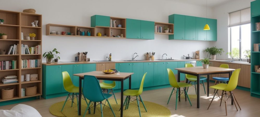 Estudantes em sala de aula moderna interagem com atividades de leitura e escrita, aprendendo sobre neurociência na alfabetização.