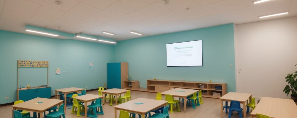 Sala de aula moderna com alunos interagindo em atividades colaborativas, demonstrando técnicas de neuroaprendizagem.