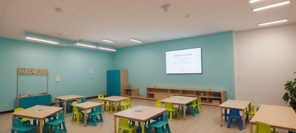 Sala de aula moderna com alunos interagindo em atividades colaborativas, demonstrando técnicas de neuroaprendizagem.
