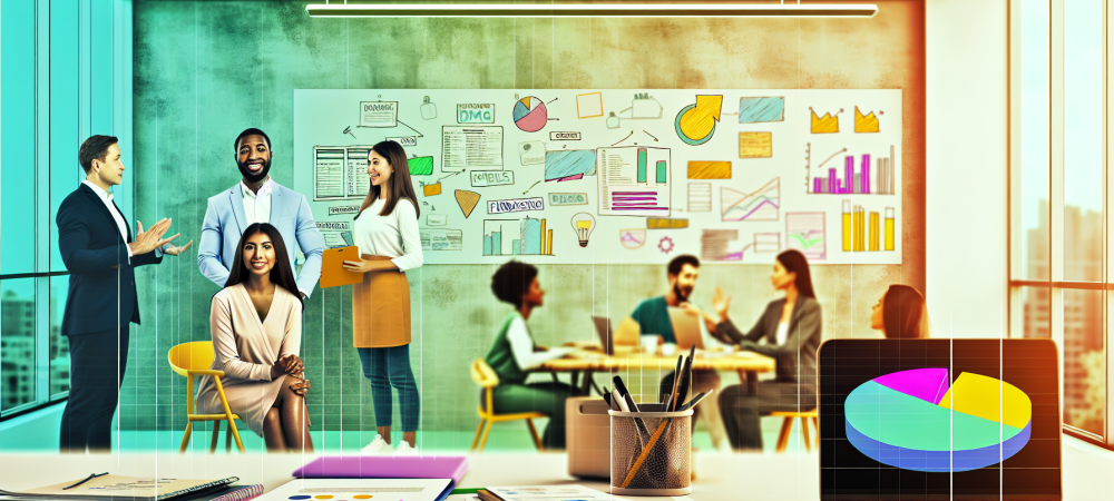 Mesa de trabalho em ONG com documentos, laptops e equipe discutindo captação de recursos.