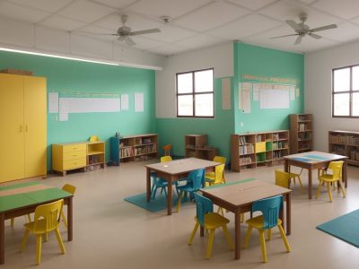 Sala de aula moderna com crianças explorando atividades criativas e educadoras estimulando habilidades únicas.