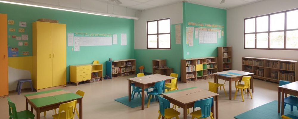 Sala de aula moderna com crianças explorando atividades criativas e educadoras estimulando habilidades únicas.