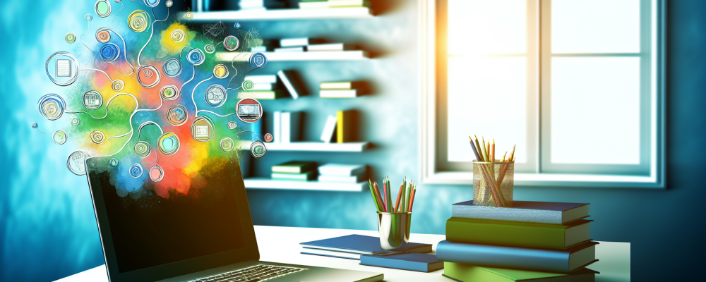 Mesa de estudo organizada com livros e laptop exibindo mapas mentais, simbolizando a aprendizagem acelerada.