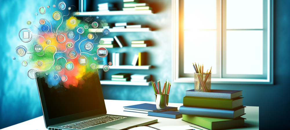 Mesa de estudo organizada com livros e laptop exibindo mapas mentais, simbolizando a aprendizagem acelerada.