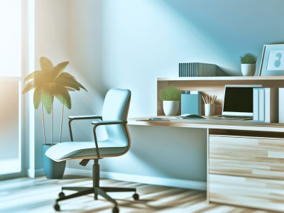 Um moderno ambiente de home office com uma mesa organizada, laptop e cadeira ergonômica, iluminado por luz natural, criando um espaço produtivo e confortável.