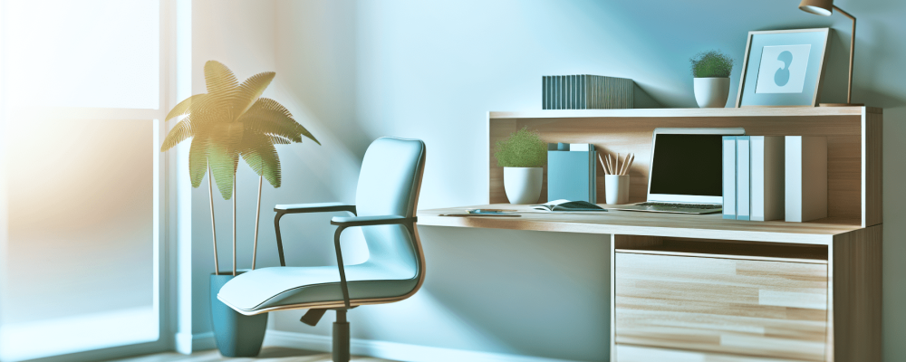 Um moderno ambiente de home office com uma mesa organizada, laptop e cadeira ergonômica, iluminado por luz natural, criando um espaço produtivo e confortável.