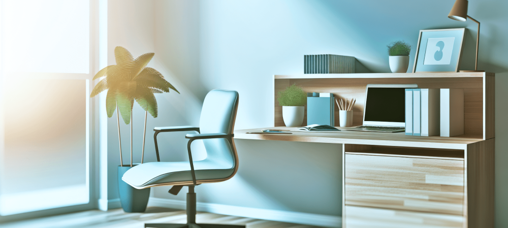 Um moderno ambiente de home office com uma mesa organizada, laptop e cadeira ergonômica, iluminado por luz natural, criando um espaço produtivo e confortável.