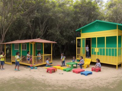 Crianças explorando um ambiente de aprendizagem Montessori vibrante, com materiais educativos e atividades interativas.