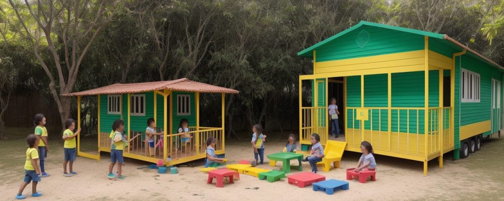 Crianças explorando um ambiente de aprendizagem Montessori vibrante, com materiais educativos e atividades interativas.