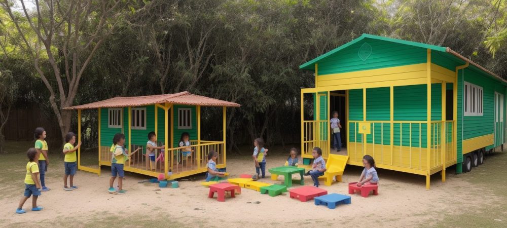 Crianças explorando um ambiente de aprendizagem Montessori vibrante, com materiais educativos e atividades interativas.