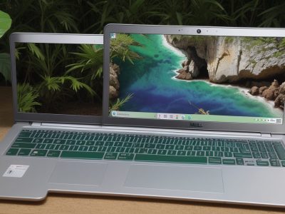 Mesa de trabalho organizada com laptop exibindo o LibreOffice, canetas coloridas e planta, iluminada por luz natural.