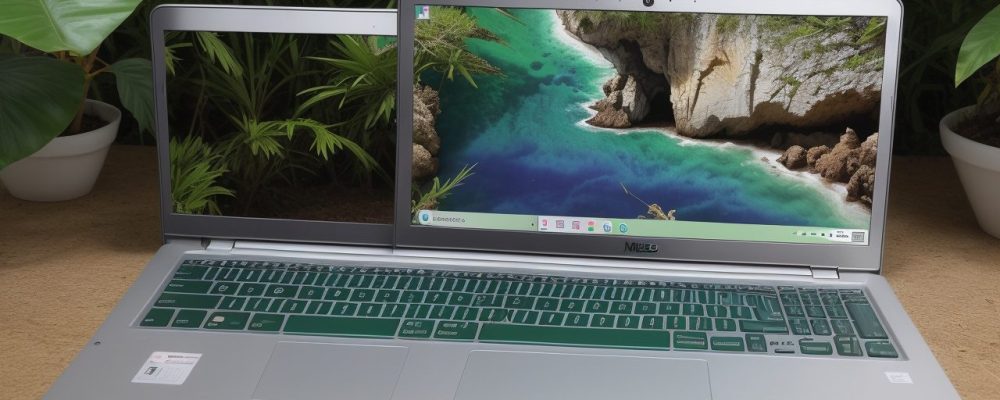 Mesa de trabalho organizada com laptop exibindo o LibreOffice, canetas coloridas e planta, iluminada por luz natural.