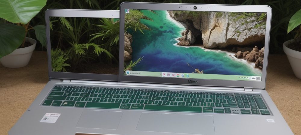 Mesa de trabalho organizada com laptop exibindo o LibreOffice, canetas coloridas e planta, iluminada por luz natural.