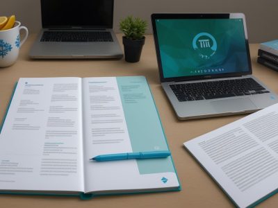 Escritório moderno iluminado, com documentos tributários, laptop e anotações sobre planejamento tributário.