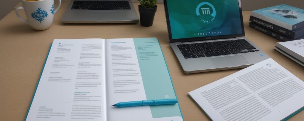 Escritório moderno iluminado, com documentos tributários, laptop e anotações sobre planejamento tributário.