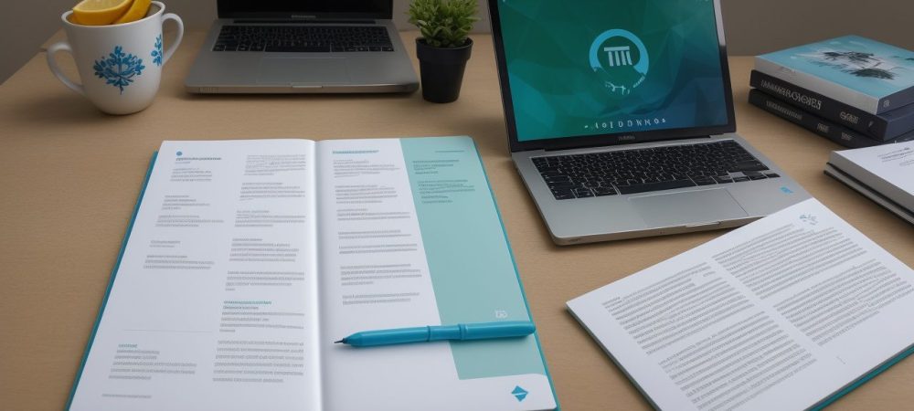 Escritório moderno iluminado, com documentos tributários, laptop e anotações sobre planejamento tributário.