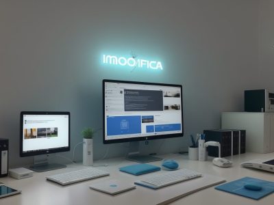 Mesa organizada no setor público com documentos, computador e livros sobre redação oficial e elaboração de relatórios.