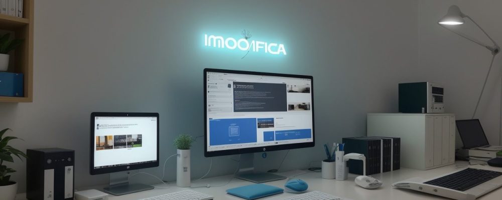 Mesa organizada no setor público com documentos, computador e livros sobre redação oficial e elaboração de relatórios.