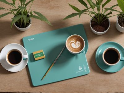 Mesa de trabalho minimalista com laptop, planta vibrante e caneca de café, simbolizando um ambiente saudável e positivo no combate ao burnout.