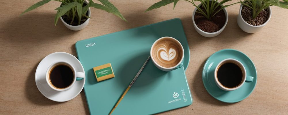 Mesa de trabalho minimalista com laptop, planta vibrante e caneca de café, simbolizando um ambiente saudável e positivo no combate ao burnout.