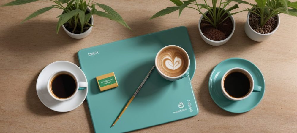 Mesa de trabalho minimalista com laptop, planta vibrante e caneca de café, simbolizando um ambiente saudável e positivo no combate ao burnout.