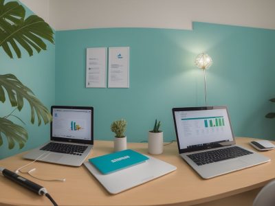 Colaboradores em um escritório moderno discutindo saúde mental e produtividade com gráficos em tela