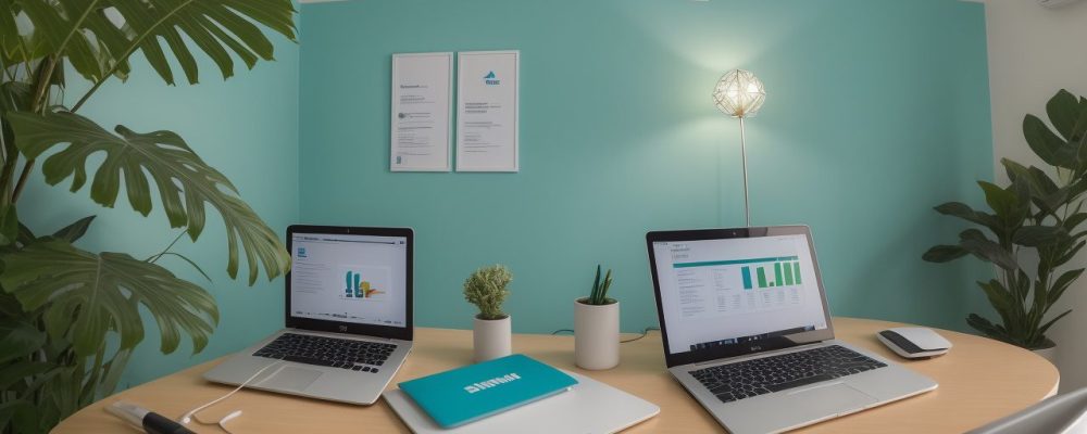 Colaboradores em um escritório moderno discutindo saúde mental e produtividade com gráficos em tela