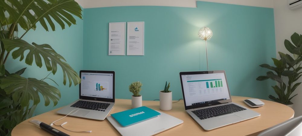 Colaboradores em um escritório moderno discutindo saúde mental e produtividade com gráficos em tela