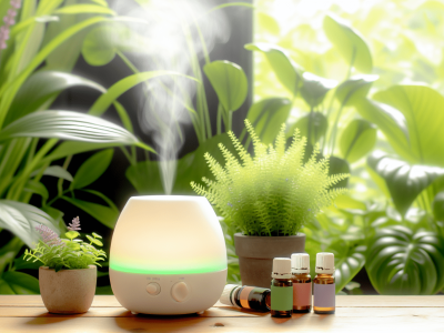 Espaço relaxante com difusor de óleos essenciais, plantas verdes, frascos de lavanda e melaleuca em suave iluminação natural.