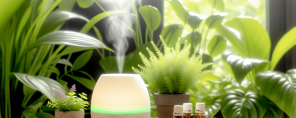 Espaço relaxante com difusor de óleos essenciais, plantas verdes, frascos de lavanda e melaleuca em suave iluminação natural.